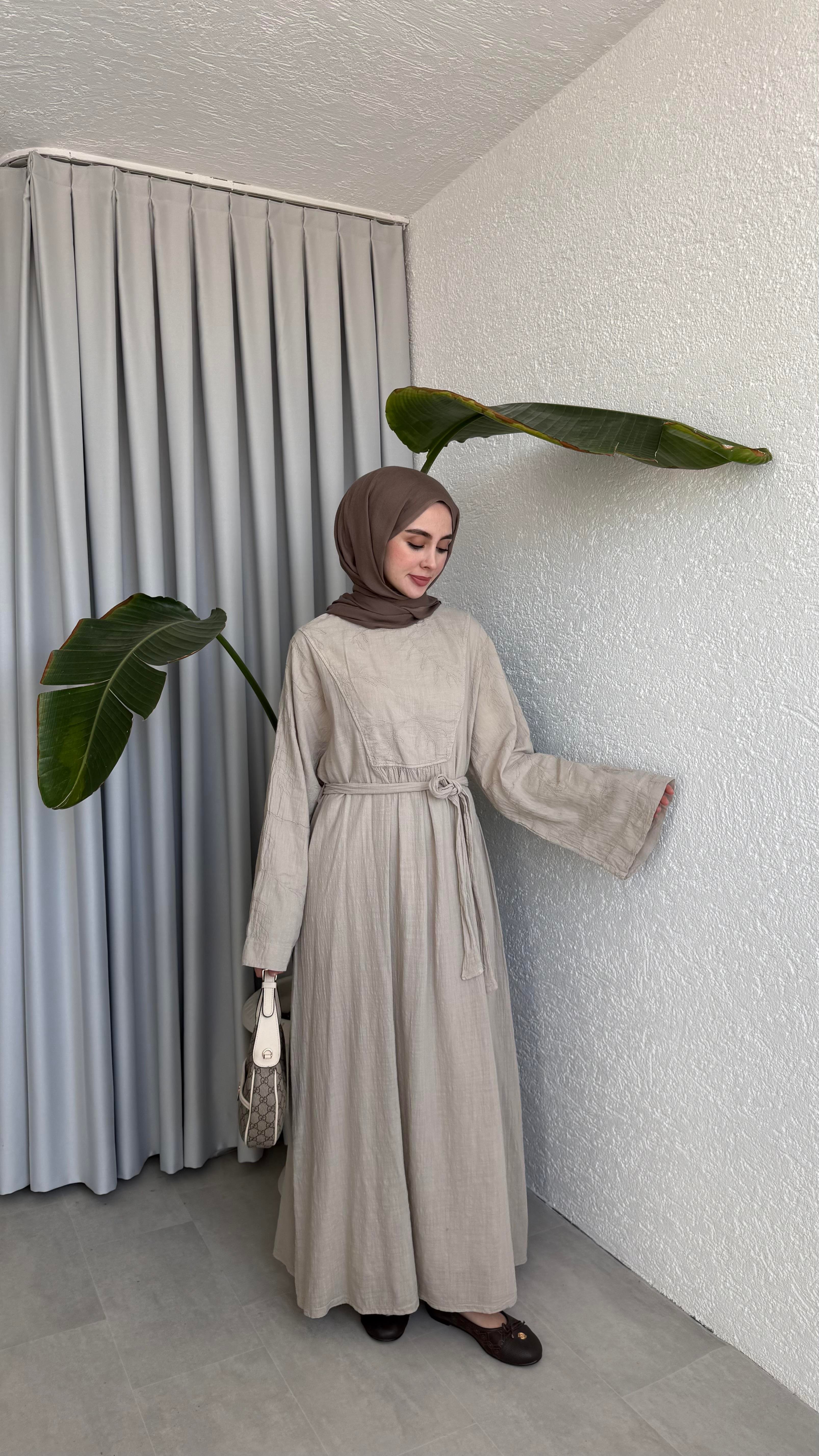 NAKIŞLI ELBİSE - BEJ 