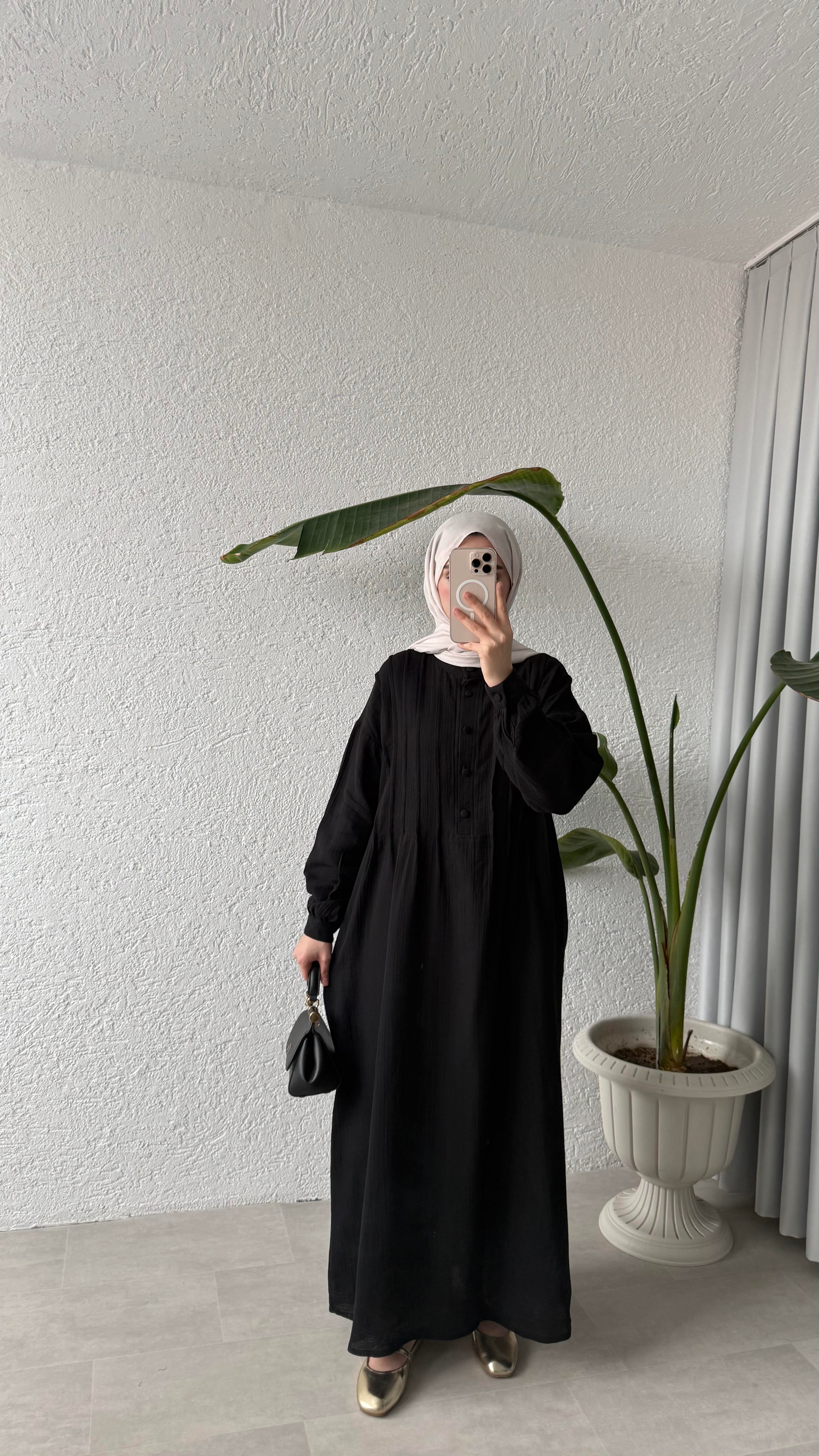 NERVÜRLÜ MÜSLİN ELBİSE - SİYAH