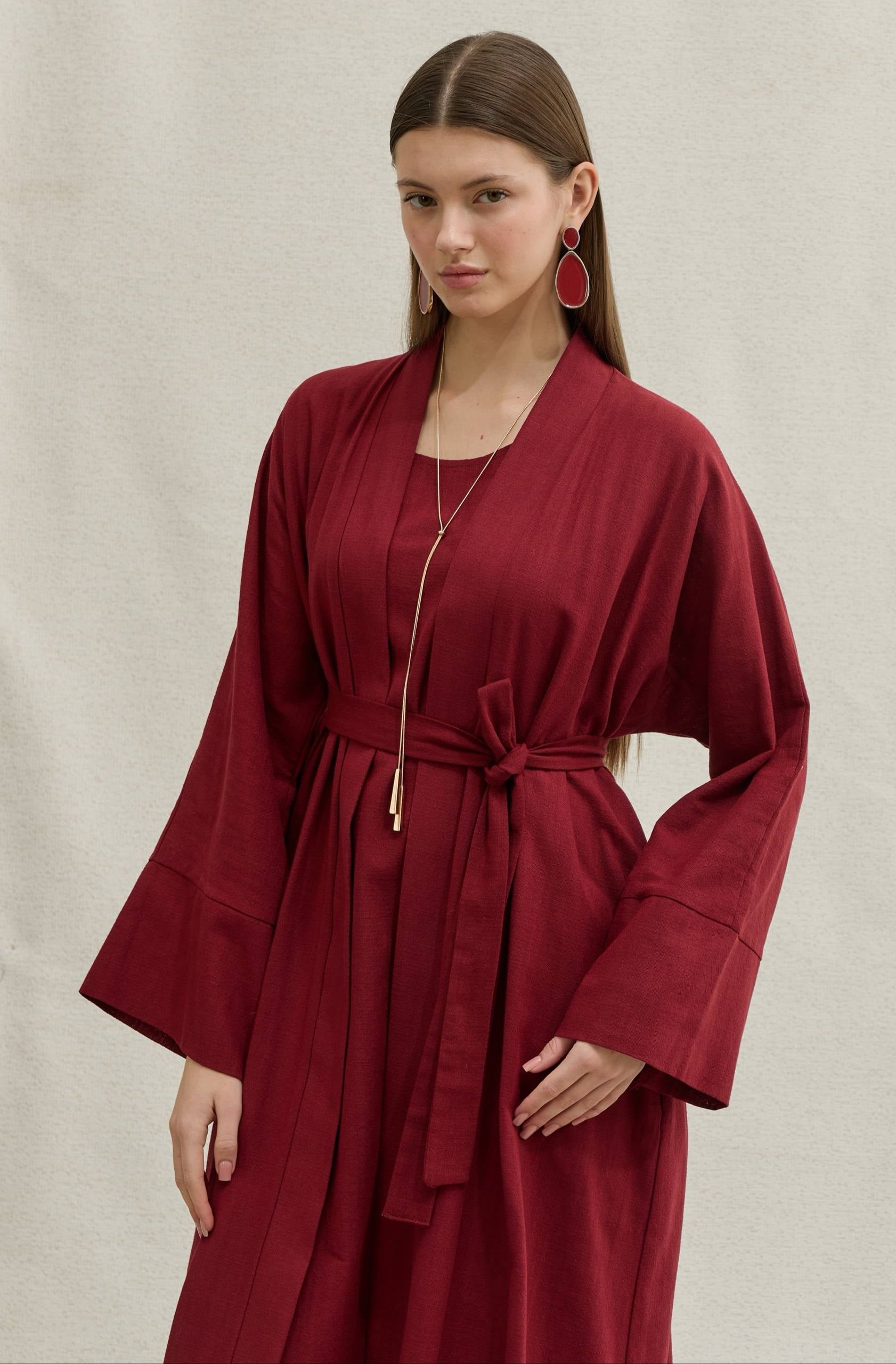 SAFA %100 KETEN ABAYA TAKIM -  BORDO