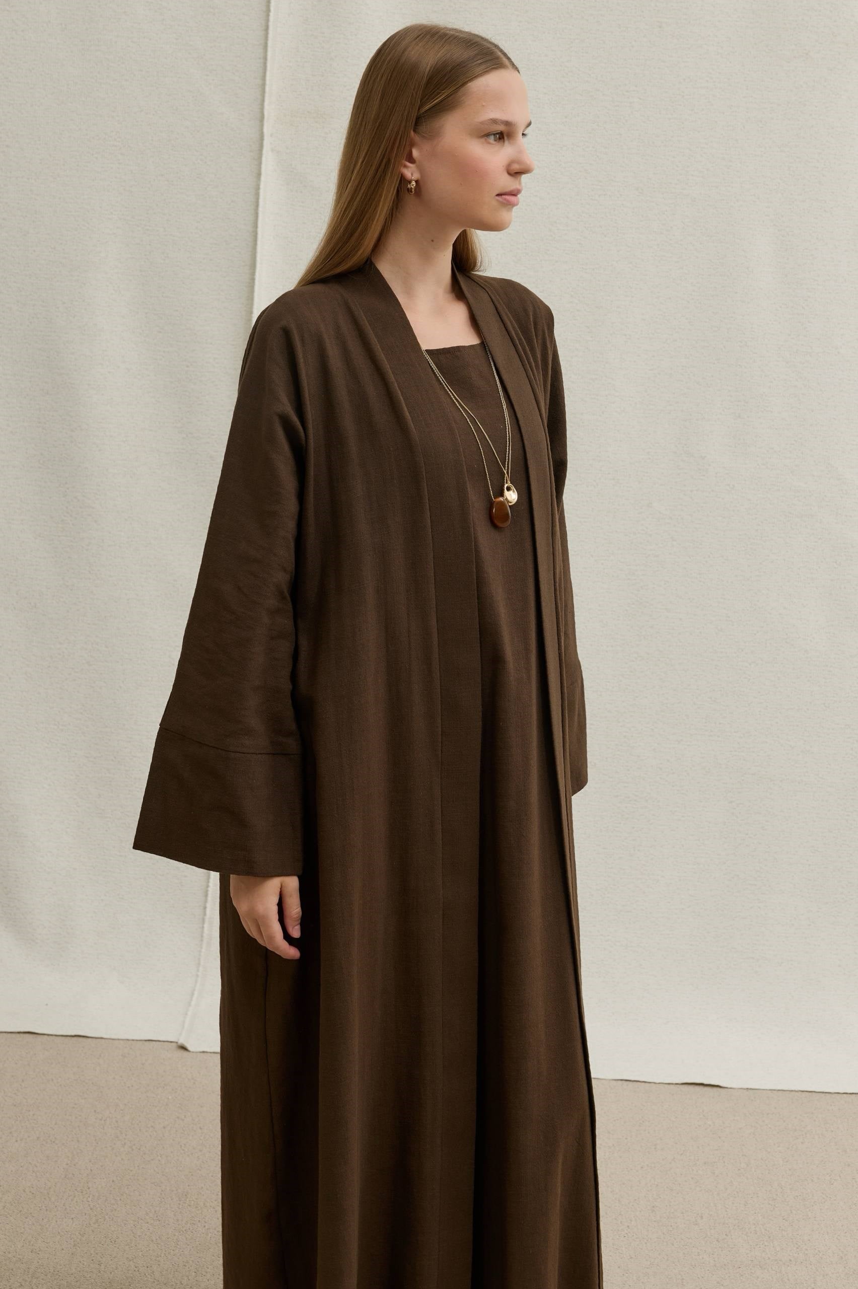SAFA %100 KETEN ABAYA TAKIM -  KAHVE