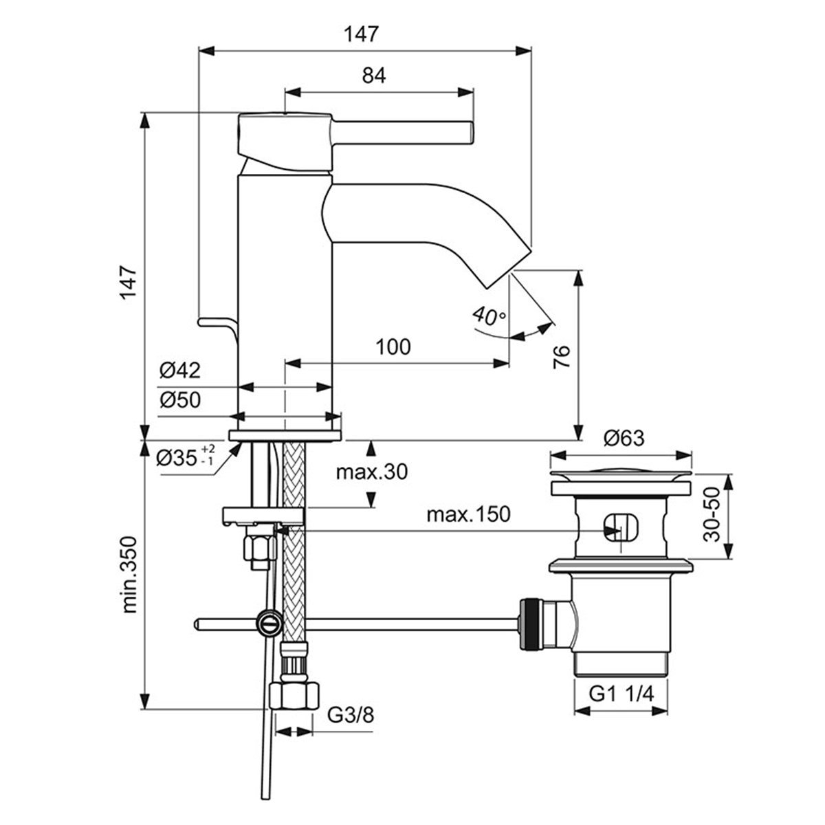 Ideal Standard Ceraline Lavabo Bataryası Mat Siyah Sifon Kumandalı-5 L/dk