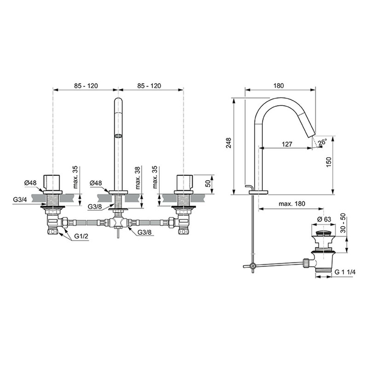 Ideal Standard Joy 3 Delikli Lavabo Bataryası 5l/dk Fırçalanmış Altın Sifon Kumandalı