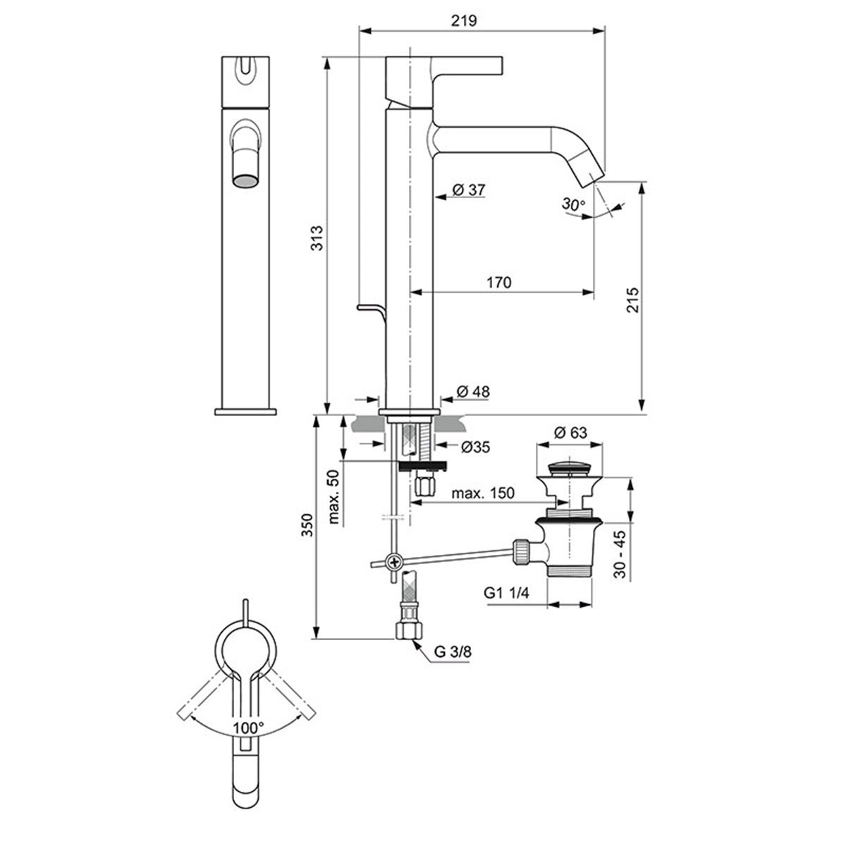 Ideal Standard Joy Yüksek Lavabo Bataryası 5l/dk Fırçalanmış Altın Sifon Kumandalı