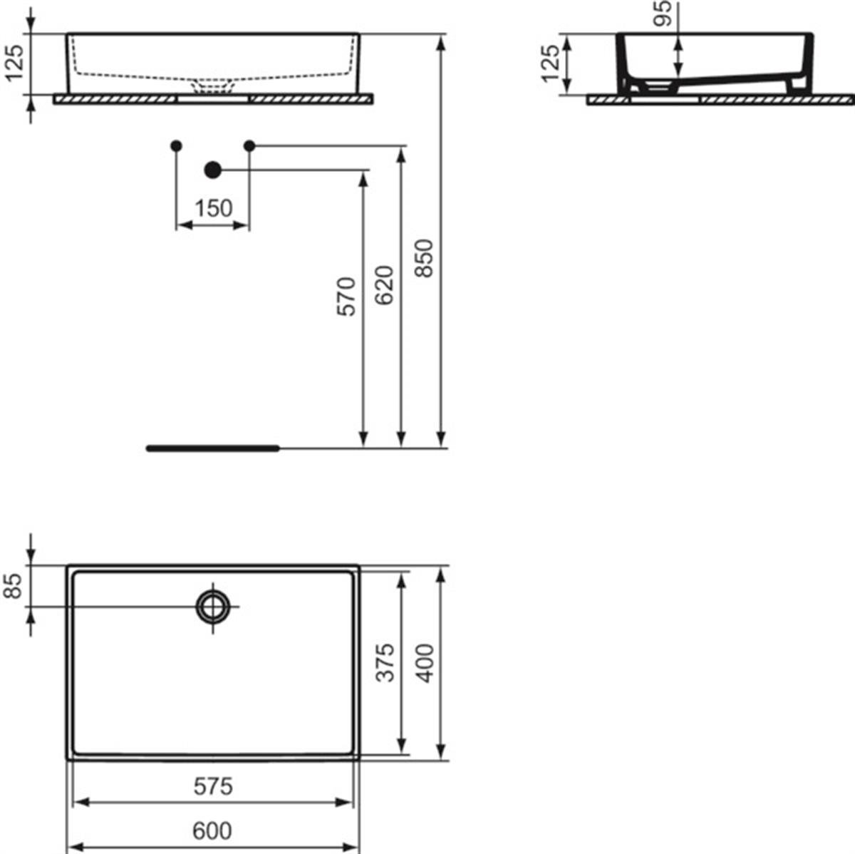 MARKA}Çanak LavabolarT374001Extra Tezgah Üstü Dikdörtgen Çanak Lavabo 60 cm