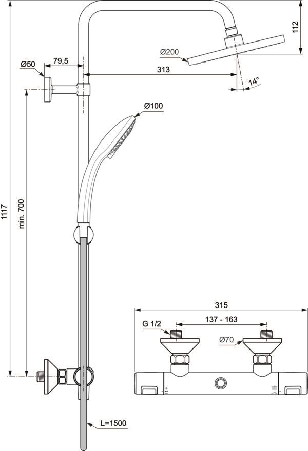 MARKA}Duş Kolonları ve Duş PanelleriA7208AAİdeal Standard Ceratherm T25 Termostatik Duş Sistemi-Chrome