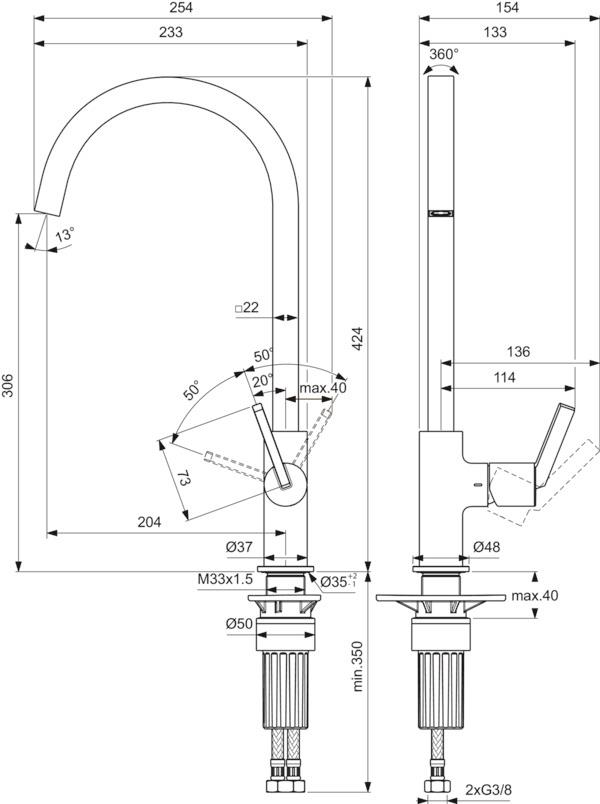 MARKA}Kuğu Borulu Eviye BataryasıBD411AAİdeal Standard Gusto Kuğu Eviye Bataryası-Chrome-Kare Borulu