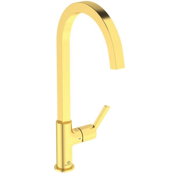 MARKA}Kuğu Borulu Eviye BataryasıBD411A2İdeal Standard Gusto Kuğu Eviye Bataryası-Brushed Gold-Kare Borulu