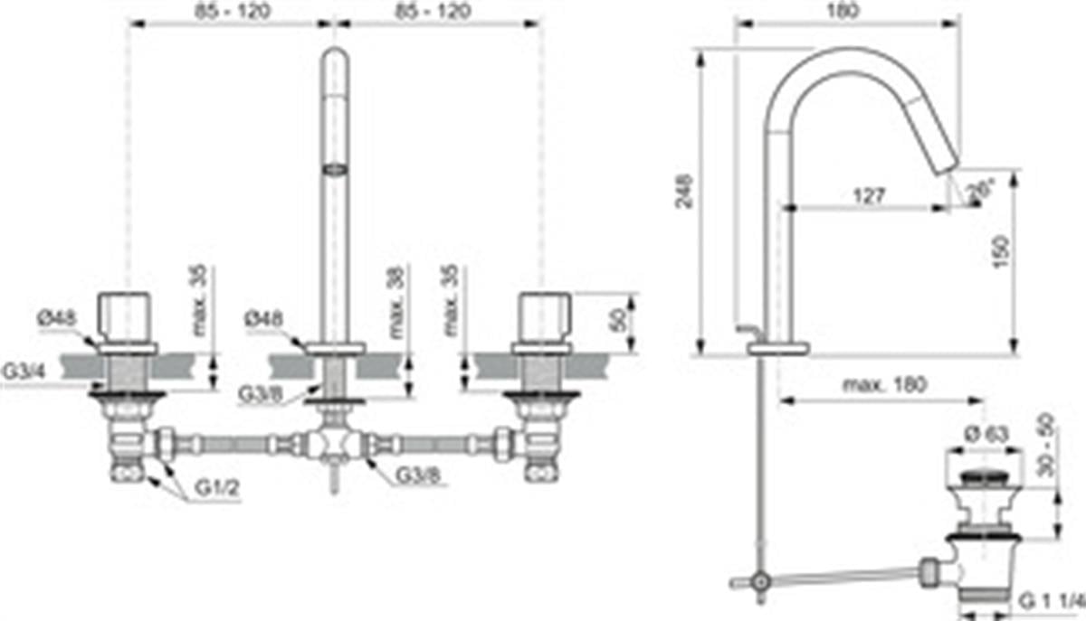 MARKA}Tezgah Üstü Lavabo BataryasıBC783AAJoy 3 Delikli Lavabo Bataryası 5l/dk Krom Sifon Kumandalı