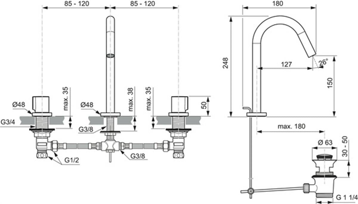 MARKA}Tezgah Üstü Lavabo BataryasıBC783A5Joy 3 Delikli Lavabo Bataryası 5l/dk Manyetik Gri Sifon Kumandalı