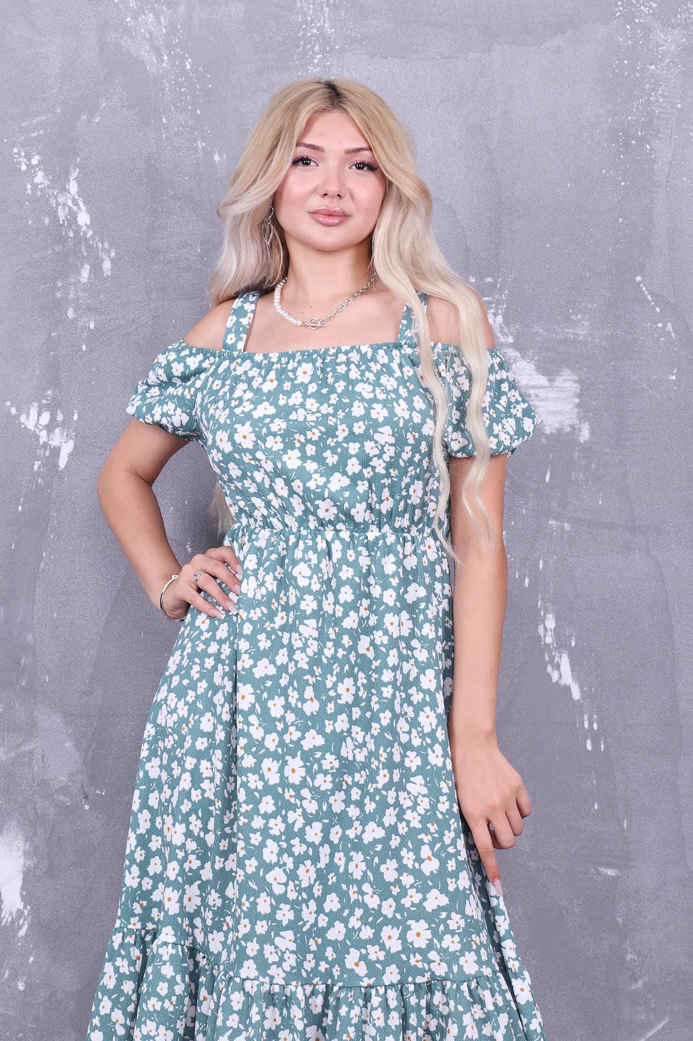 Askılı Düşük Omuz Çiçekli Elbise