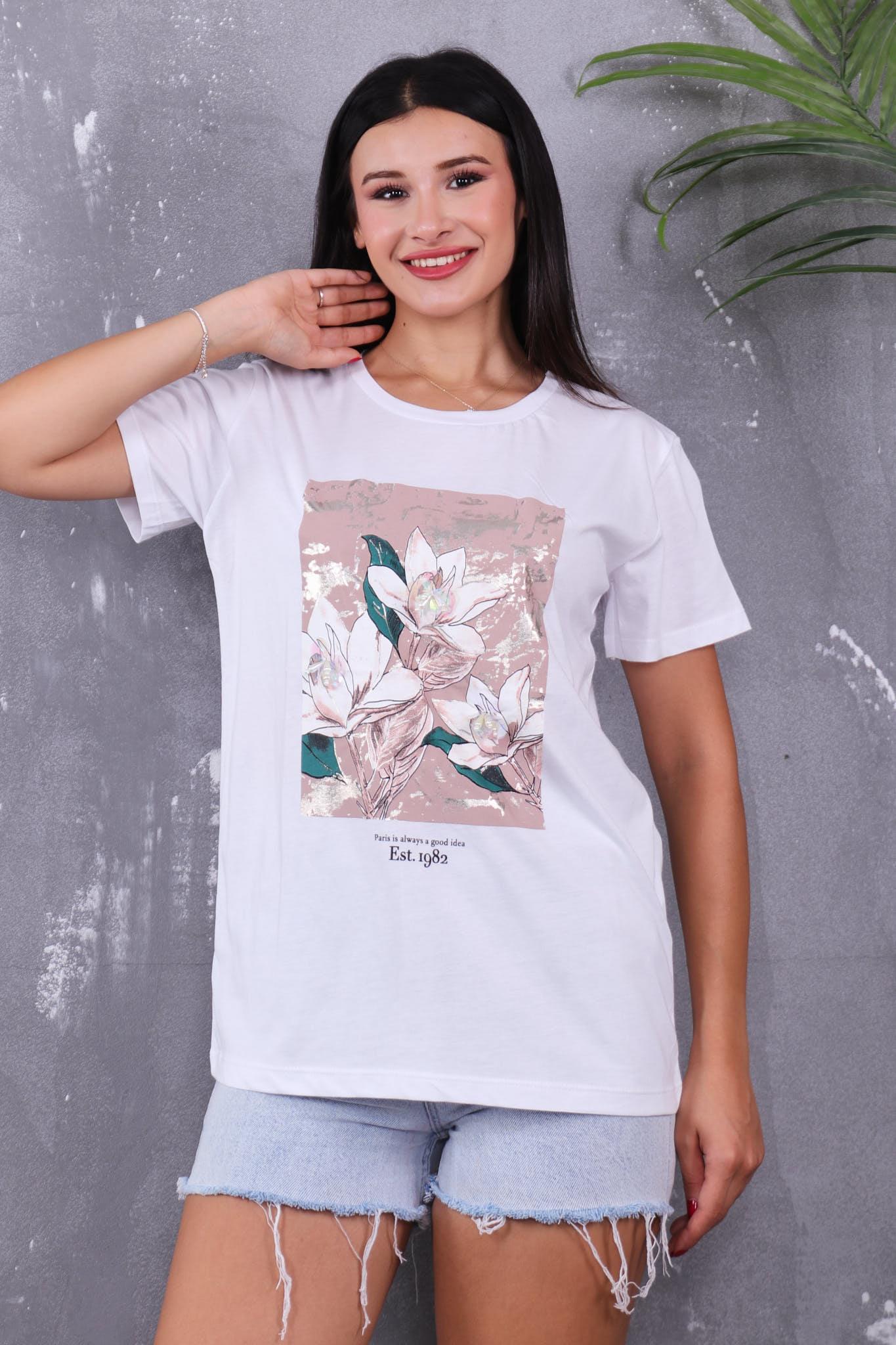 Çiçek Baskılı Boncuklu Tshirt