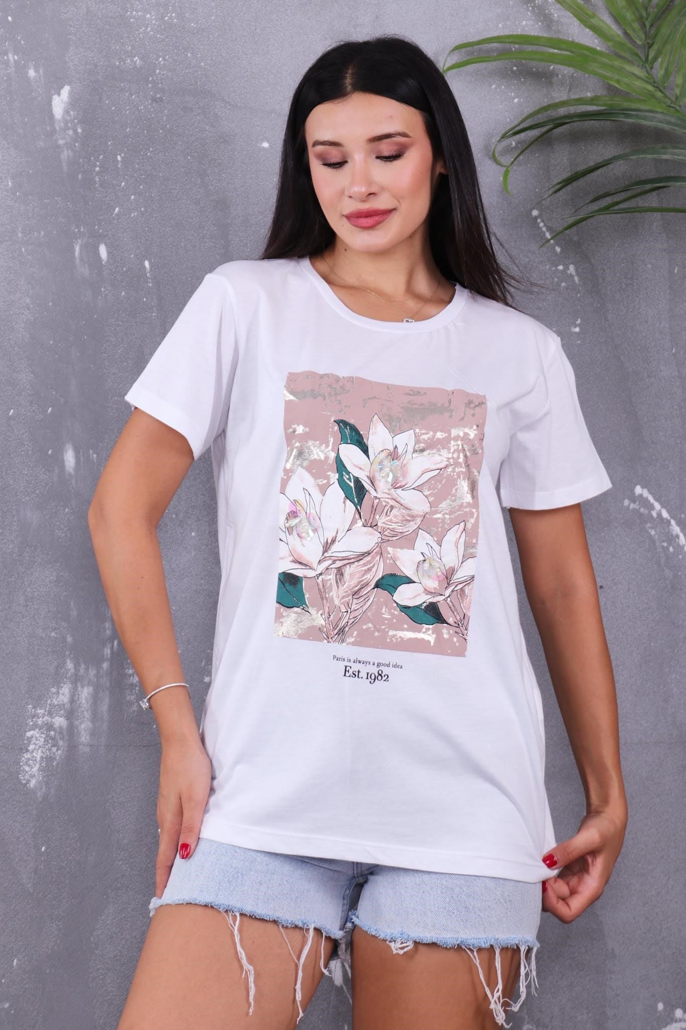 Çiçek Baskılı Boncuklu Tshirt