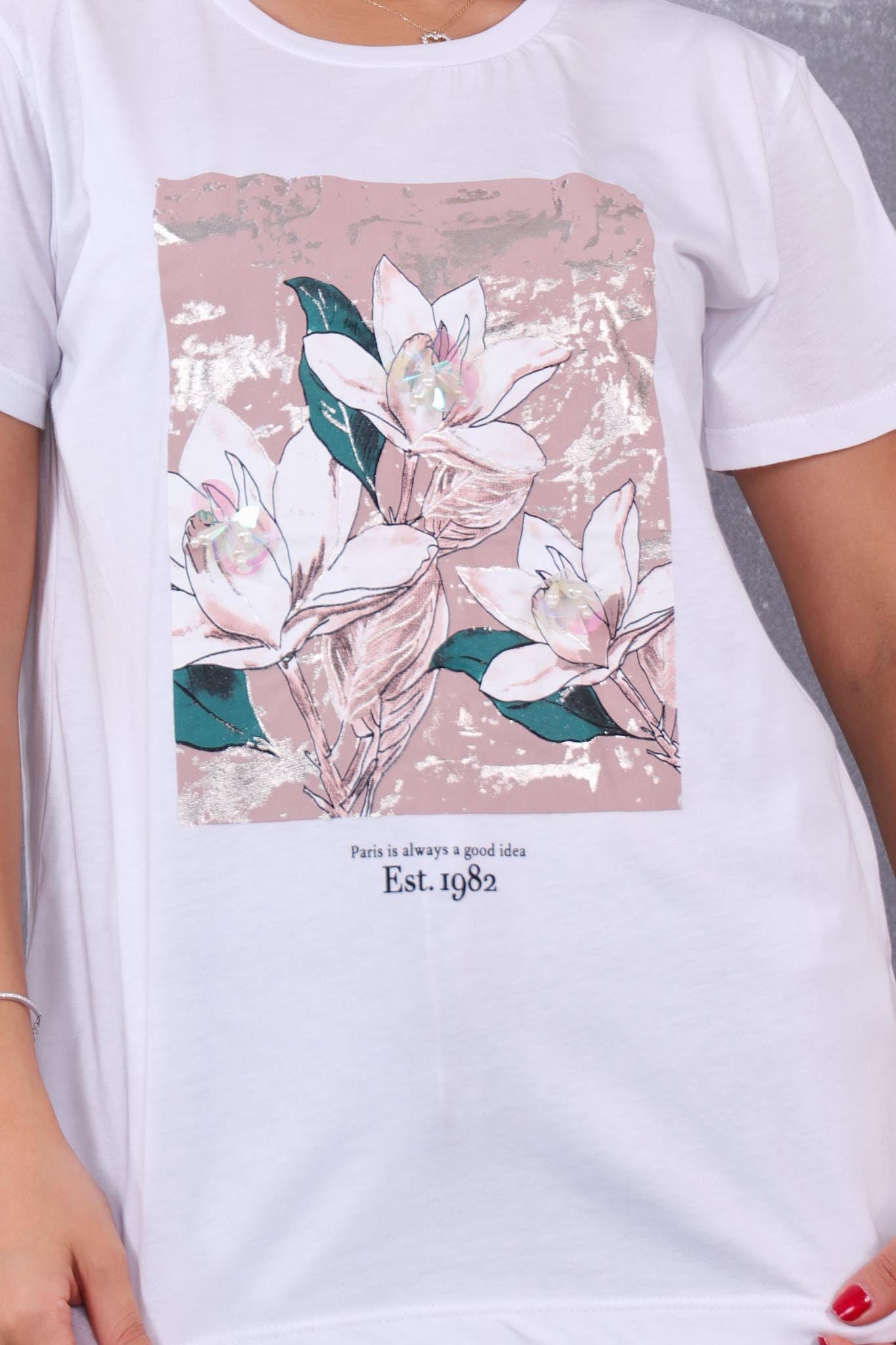 Çiçek Baskılı Boncuklu Tshirt