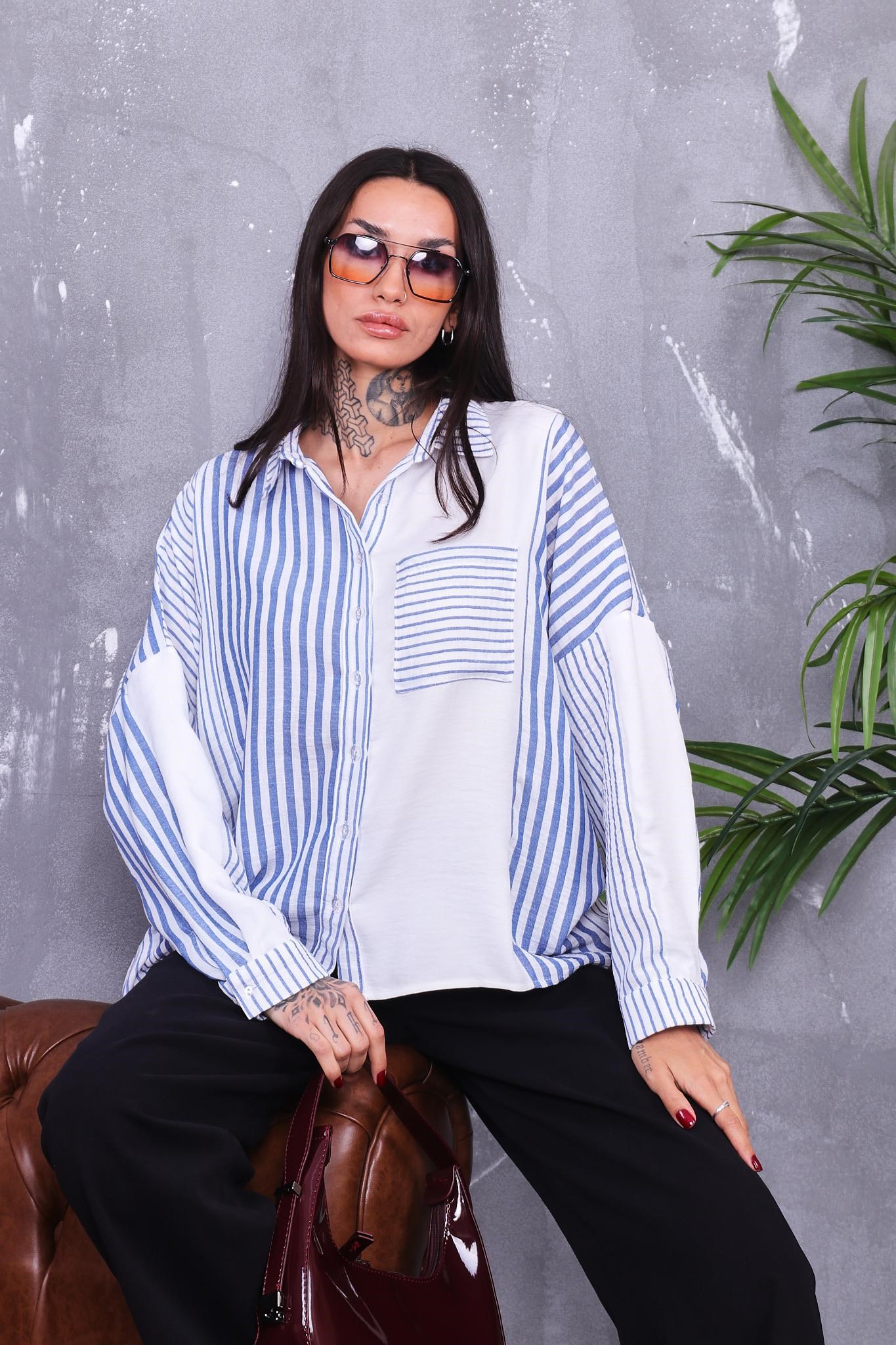 Çizgili Cepli Oversize Pamuk Gömlek