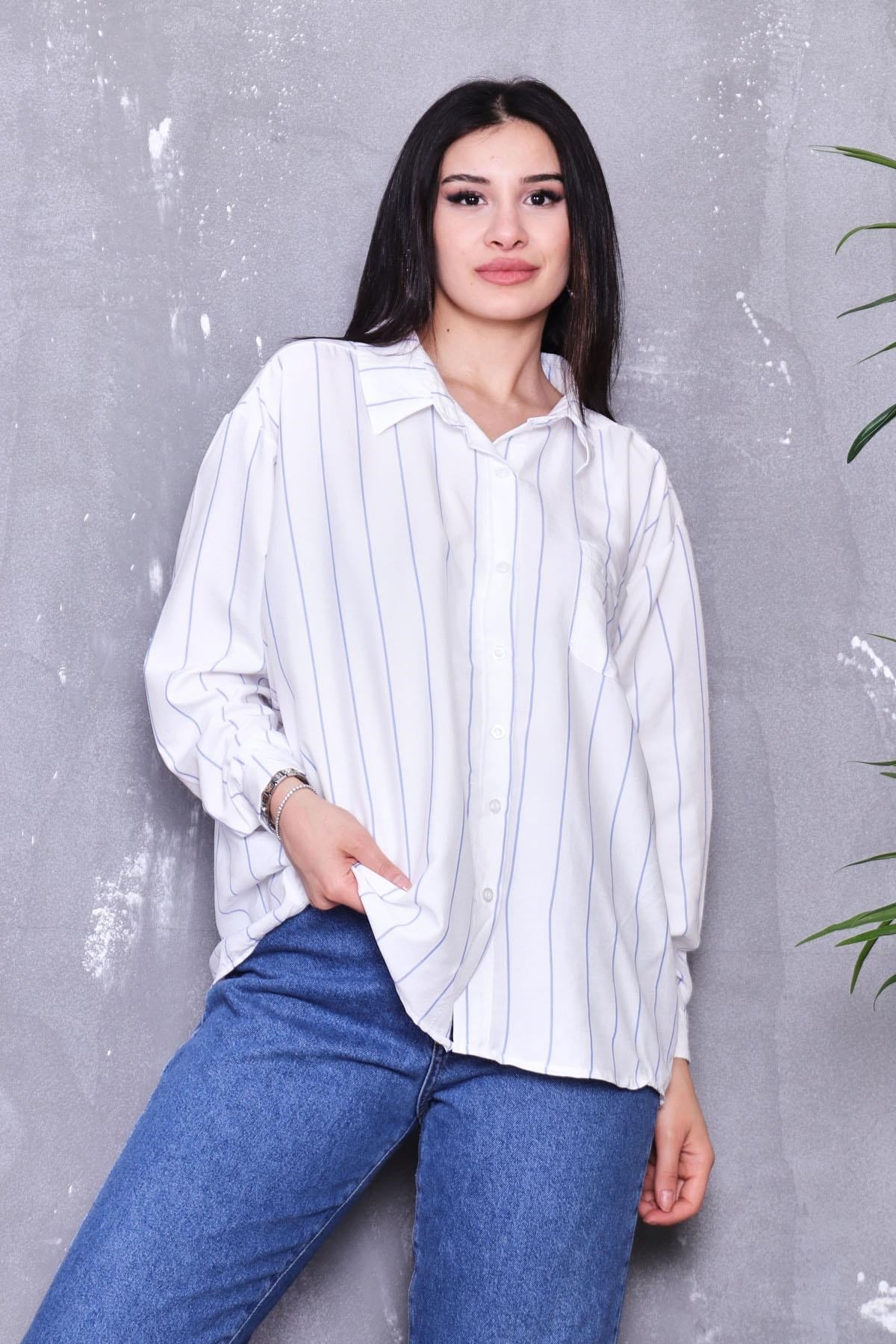 Çizgili Oversize Tensel Gömlek