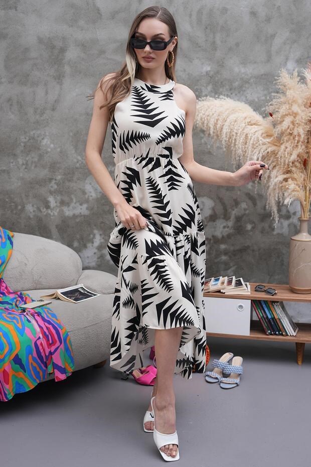 Halter Yaka Beli Lastikli Kloş Elbise