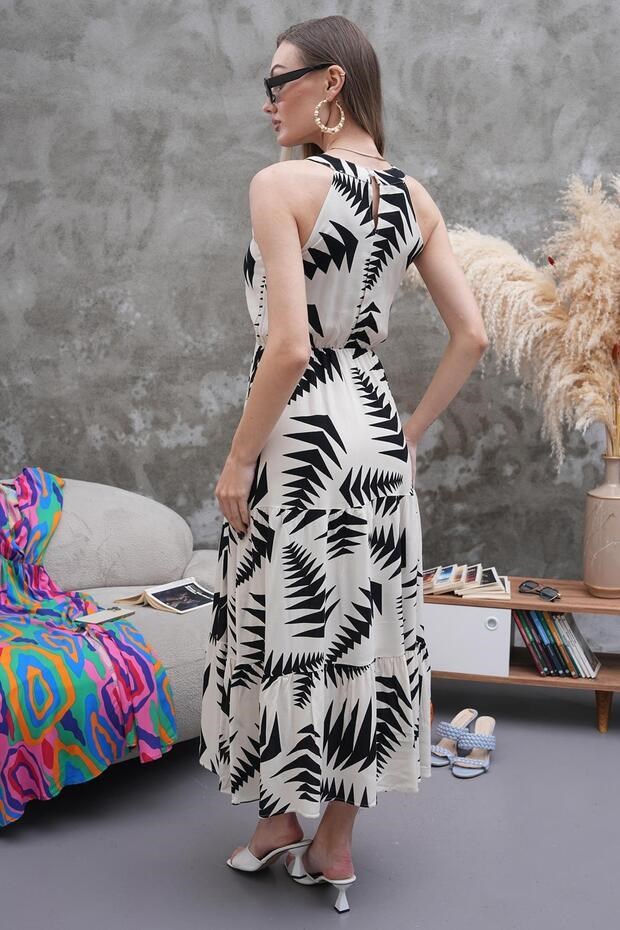 Halter Yaka Beli Lastikli Kloş Elbise