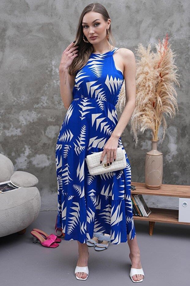 Halter Yaka Beli Lastikli Kloş Elbise
