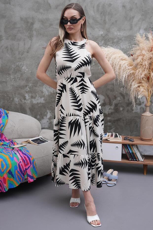 Halter Yaka Beli Lastikli Kloş Elbise