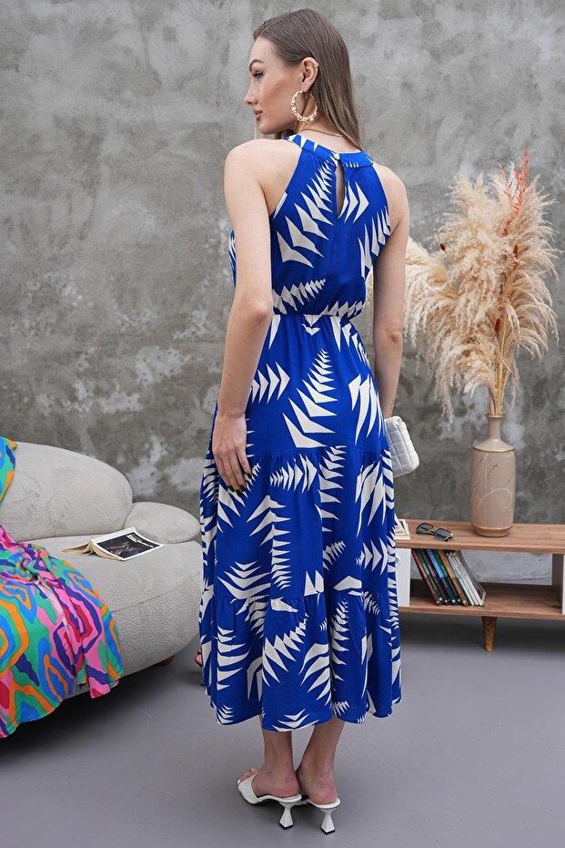 Halter Yaka Beli Lastikli Kloş Elbise