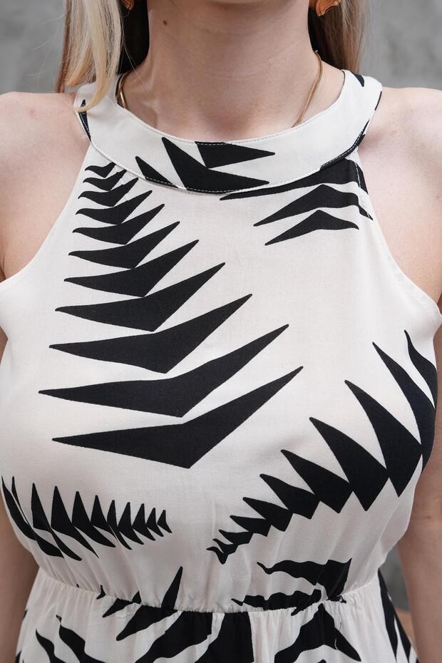 Halter Yaka Beli Lastikli Kloş Elbise