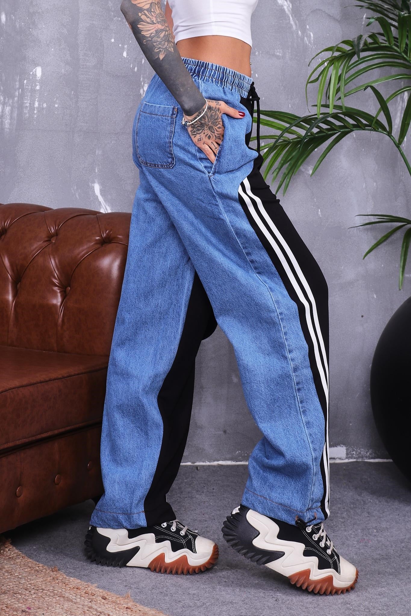 Jean Detaylı Şeritli Pantolon
