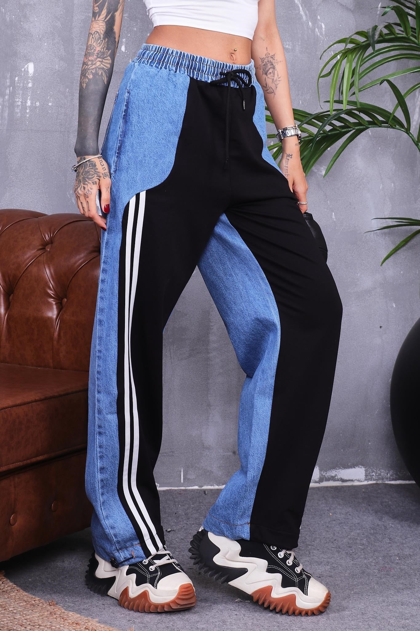 Jean Detaylı Şeritli Pantolon