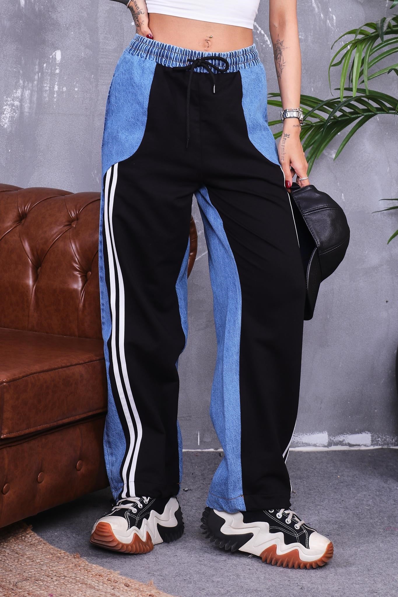 Jean Detaylı Şeritli Pantolon