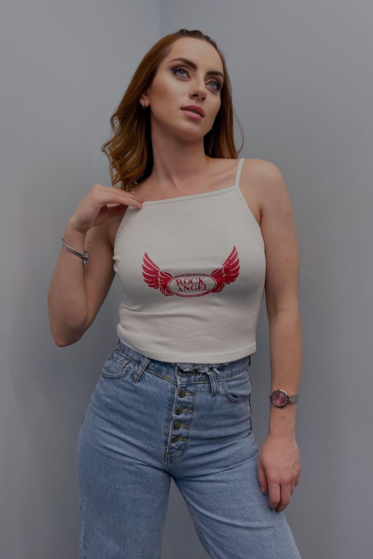 Kadın Baskılı Crop Beyaz