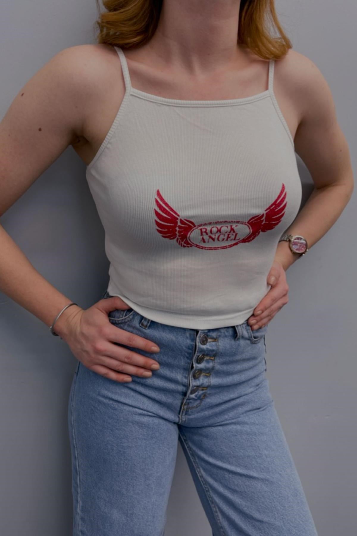 Kadın Baskılı Crop Beyaz