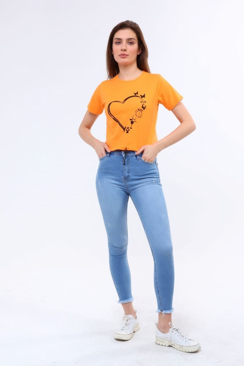 Kadın Bisiklet Yaka Ayarlanabilir Ipli Crop T-Shirt Turuncu