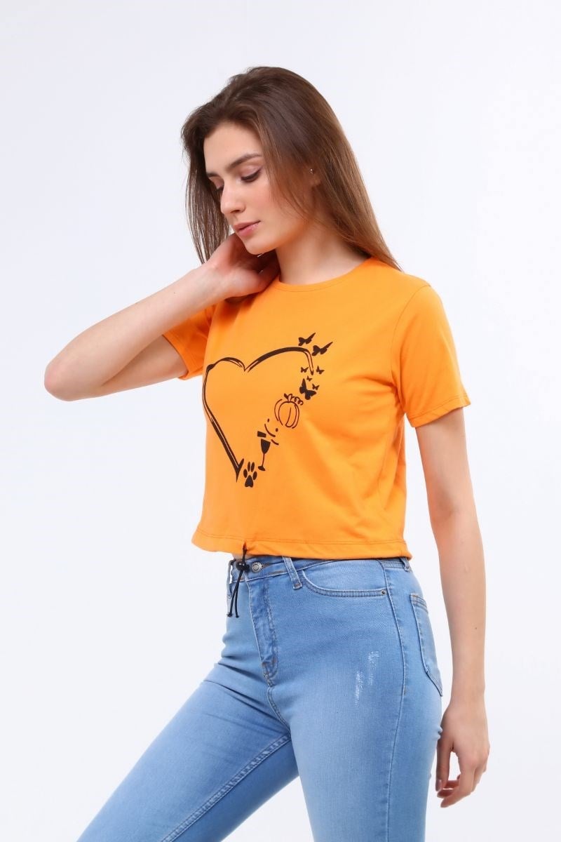 Kadın Bisiklet Yaka Ayarlanabilir Ipli Crop T-Shirt Turuncu