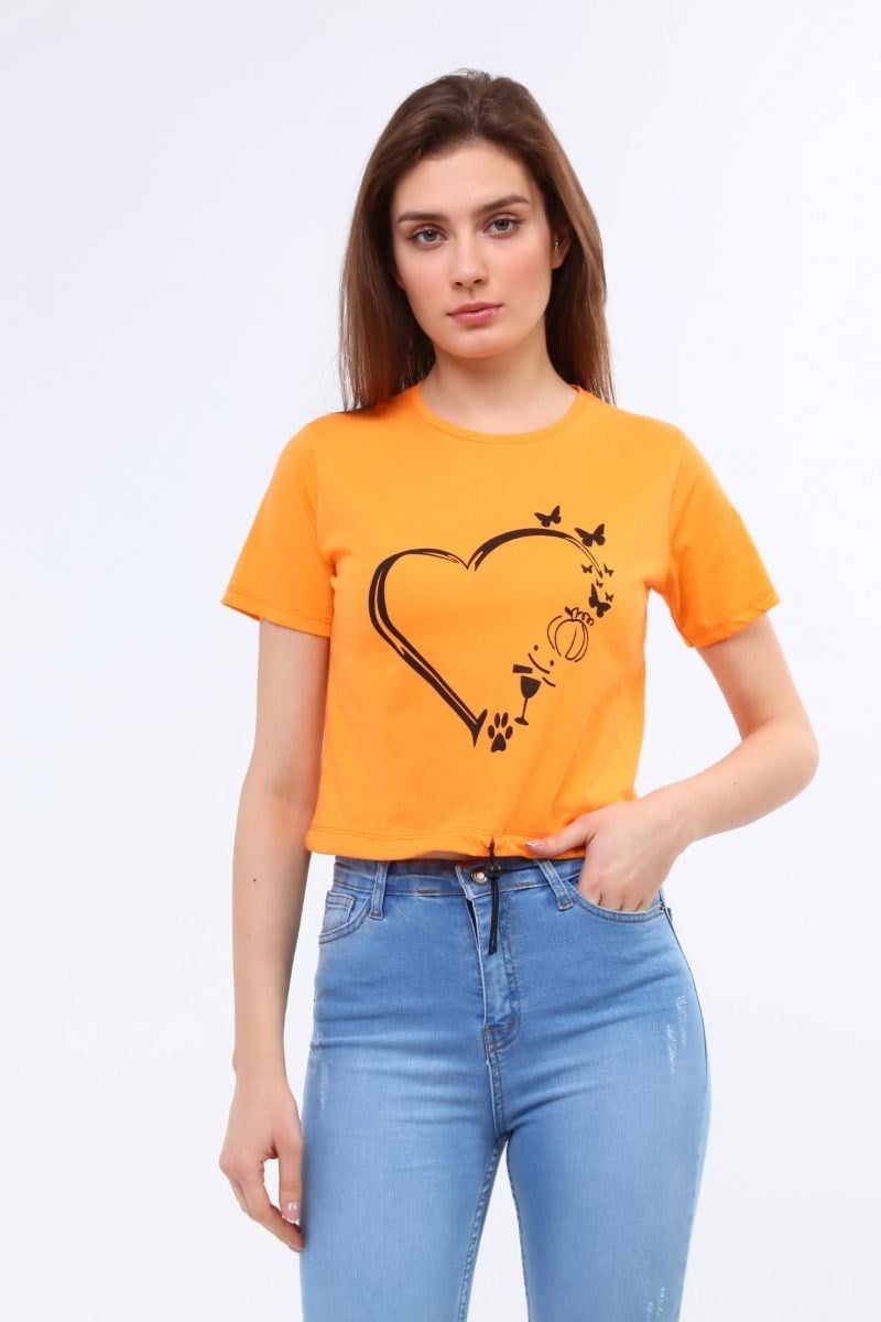 Kadın Bisiklet Yaka Ayarlanabilir Ipli Crop T-Shirt Turuncu