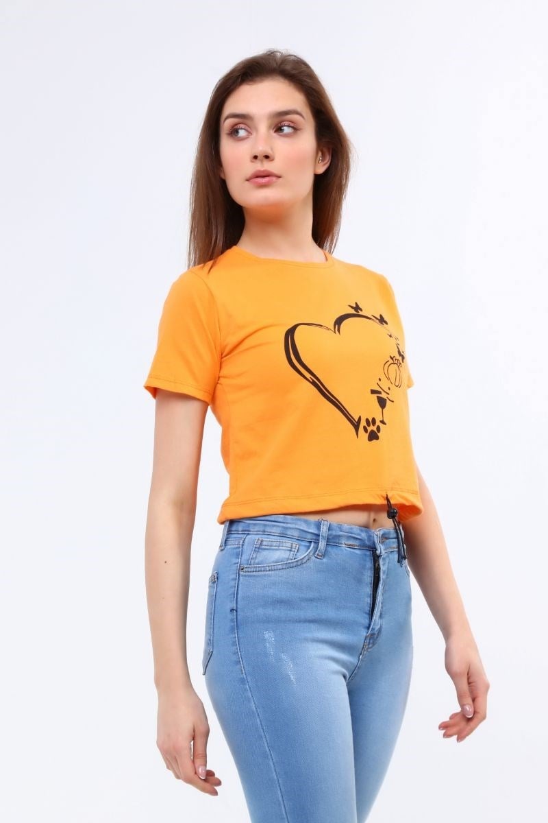 Kadın Bisiklet Yaka Ayarlanabilir Ipli Crop T-Shirt Turuncu