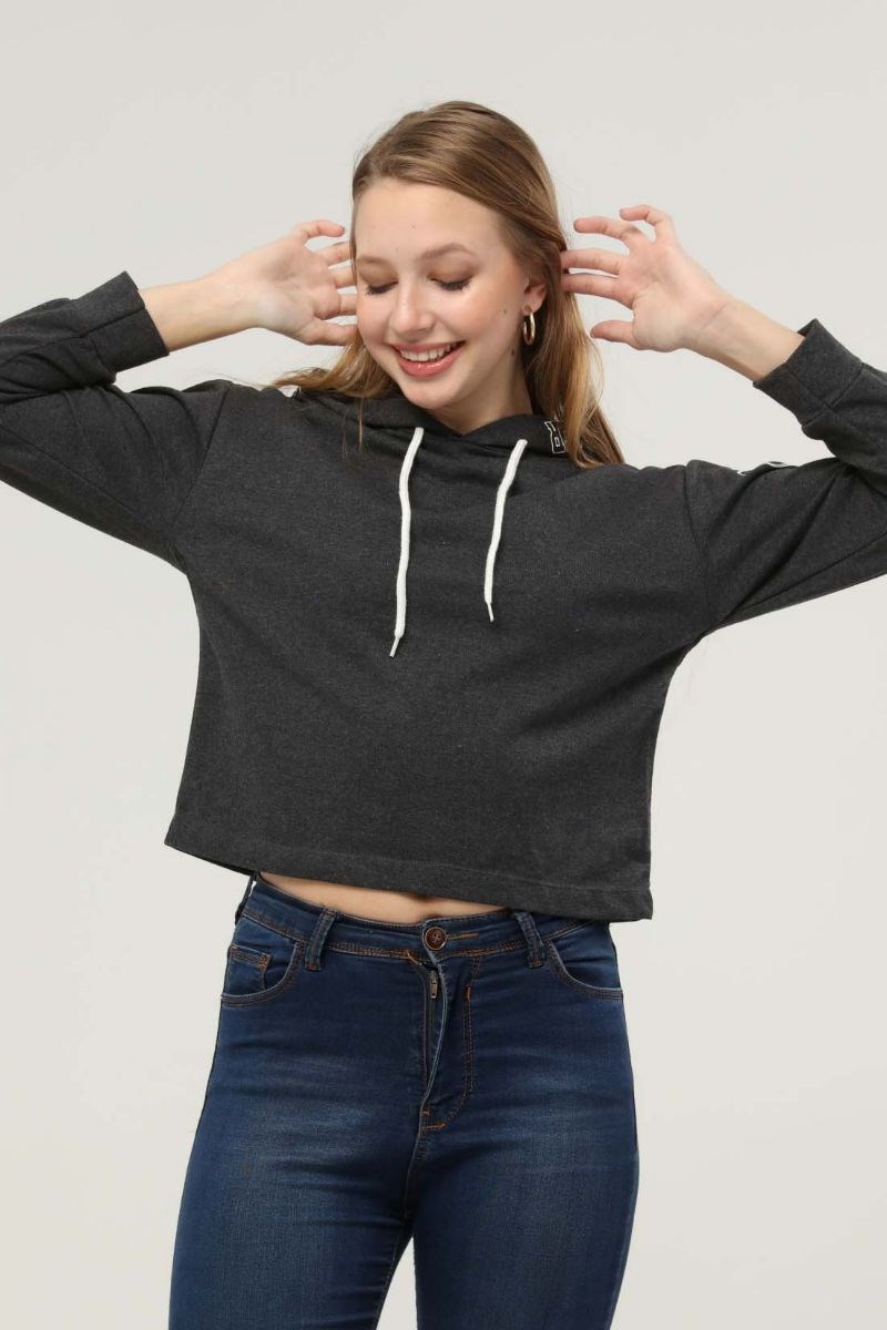 Kadın Koları Baskılı Kapüşonlu Sweatshirt Antrasit