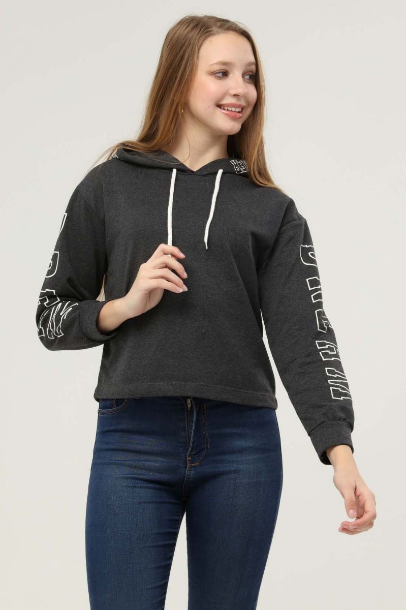 Kadın Koları Baskılı Kapüşonlu Sweatshirt Antrasit