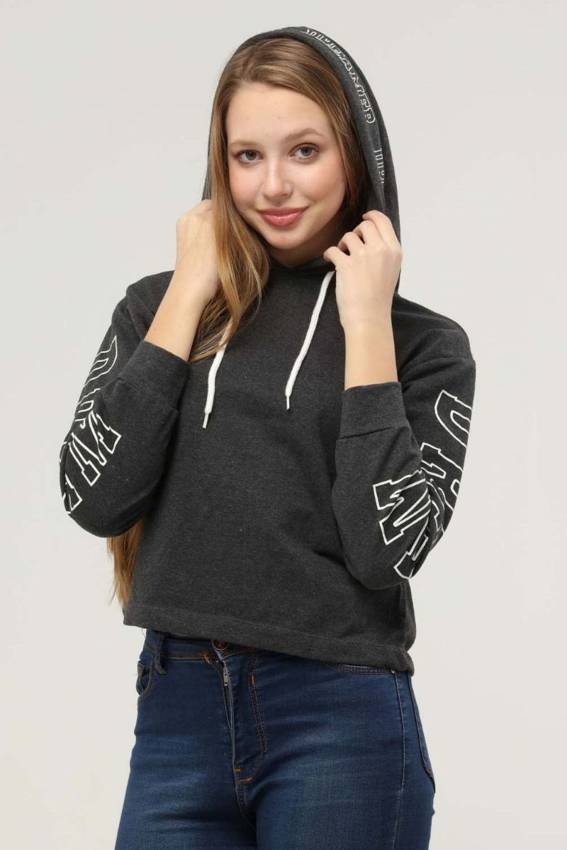 Kadın Koları Baskılı Kapüşonlu Sweatshirt Antrasit