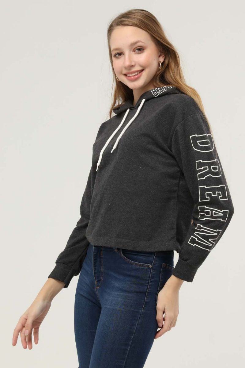 Kadın Koları Baskılı Kapüşonlu Sweatshirt Antrasit