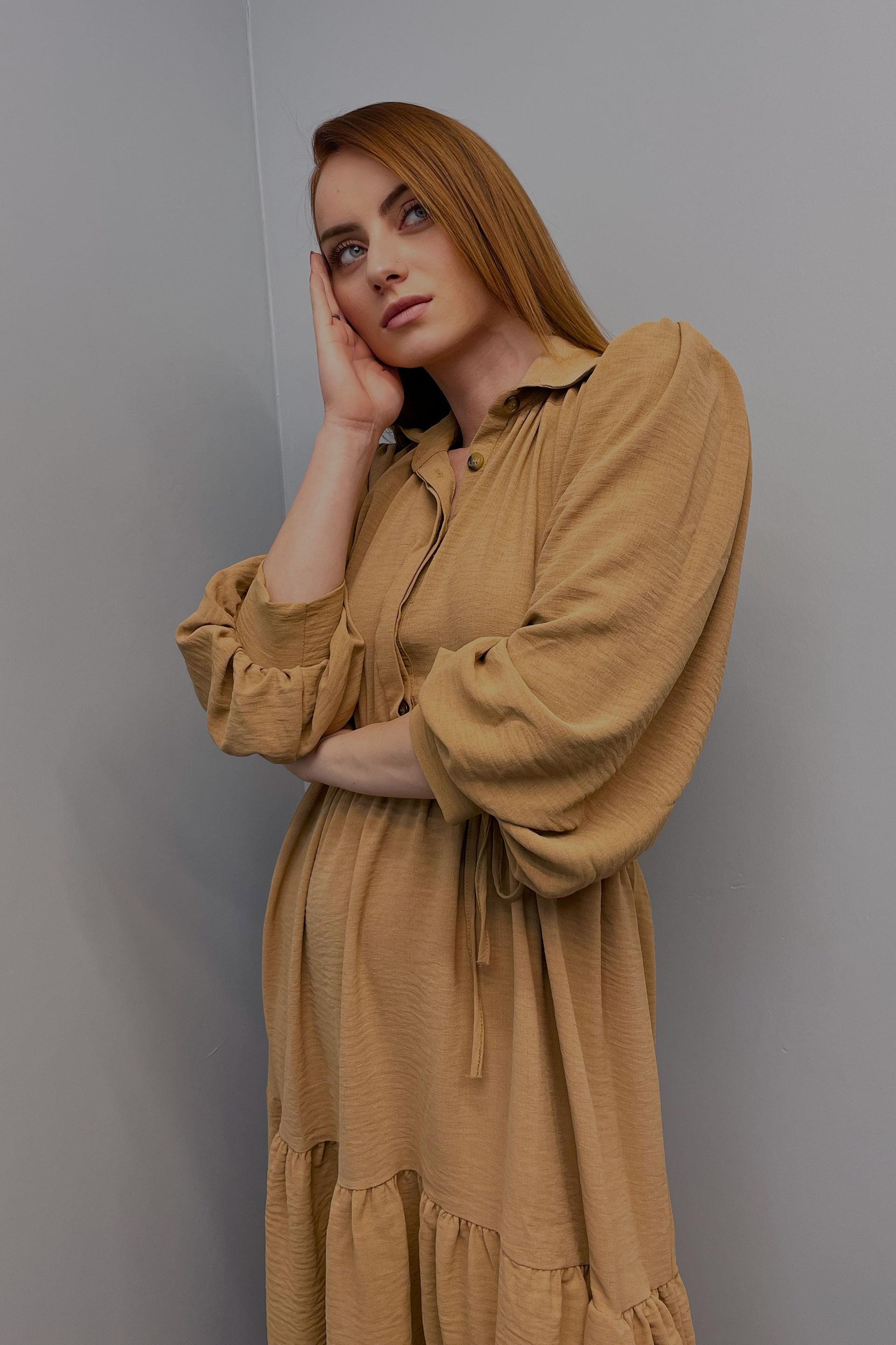 Kadın Önü Düğmeli Elbise Camel