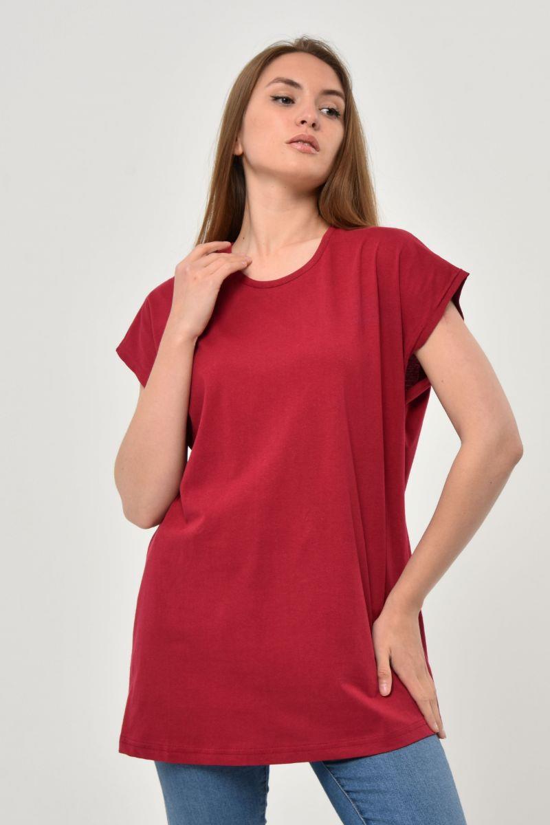 Kadın Oversize Basic Yarasa Kol T-Shirt Bordo