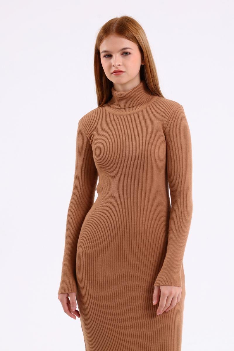 Kadın Triko Basic Elbise Camel