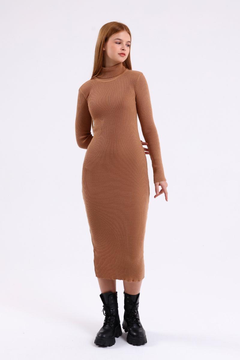 Kadın Triko Basic Elbise Camel