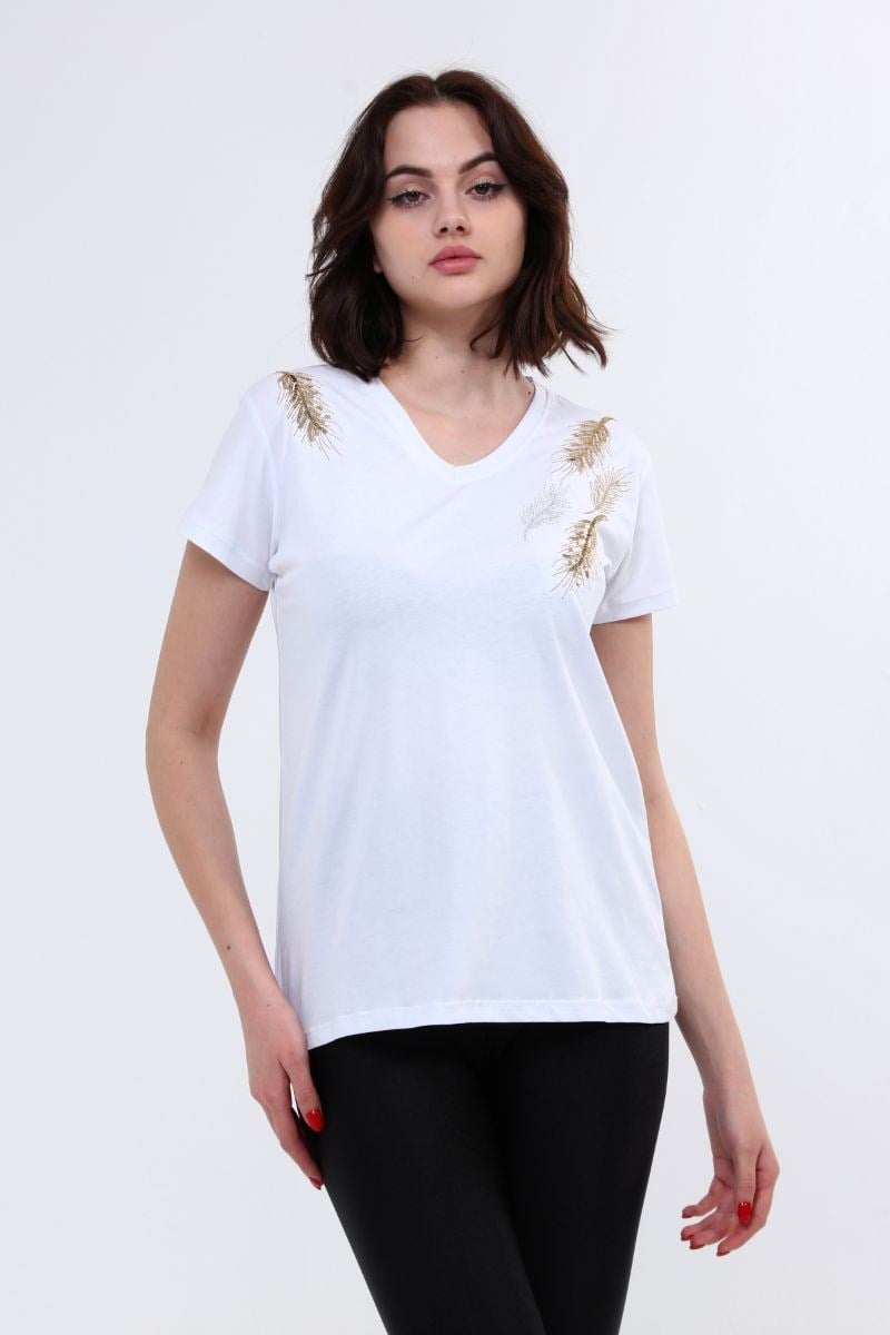 Kadın V Yaka Nakışlı T-Shirt Beyaz