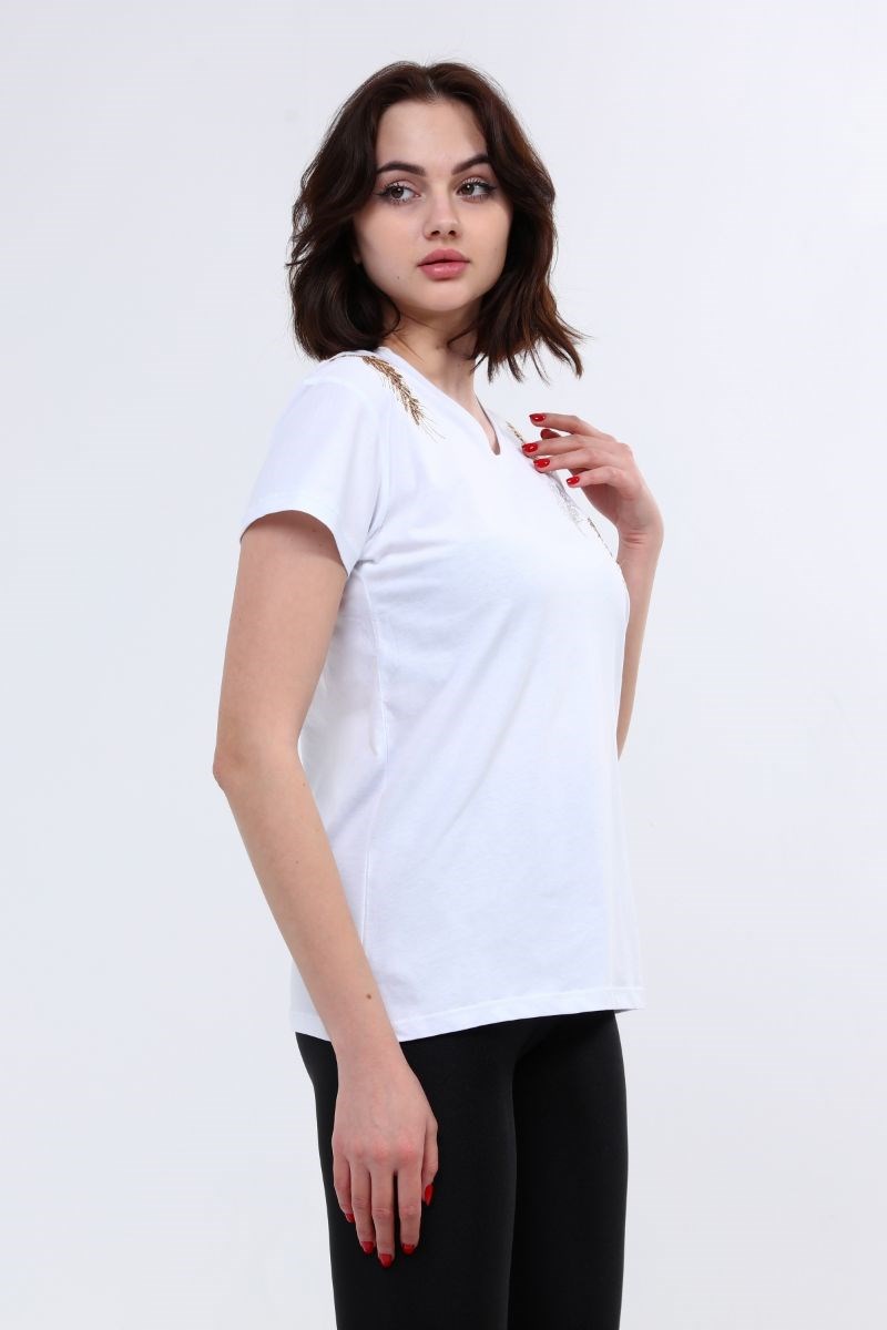 Kadın V Yaka Nakışlı T-Shirt Beyaz