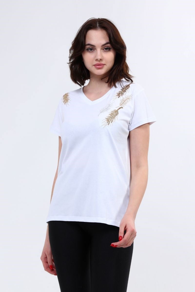 Kadın V Yaka Nakışlı T-Shirt Beyaz