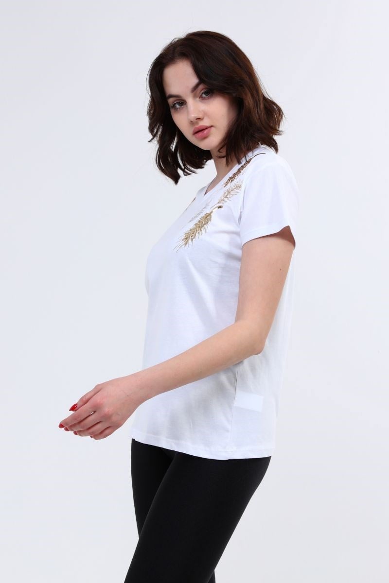 Kadın V Yaka Nakışlı T-Shirt Beyaz