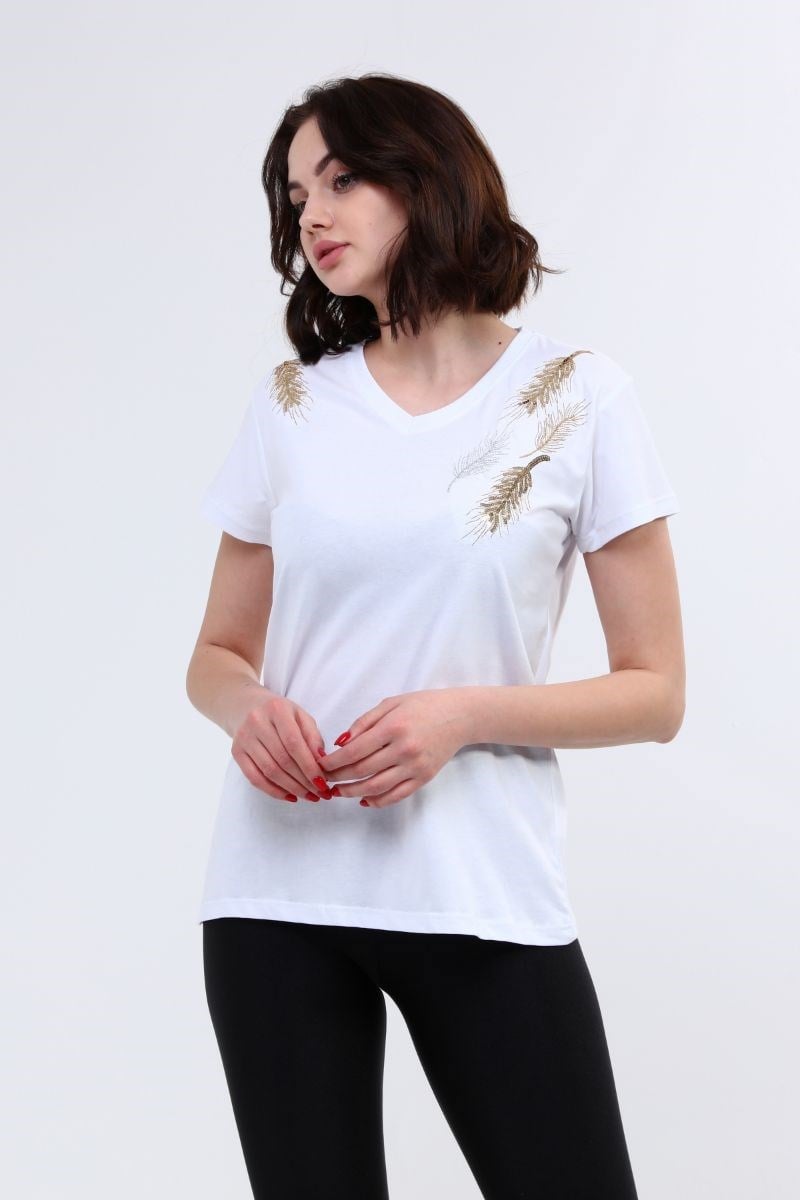 Kadın V Yaka Nakışlı T-Shirt Beyaz