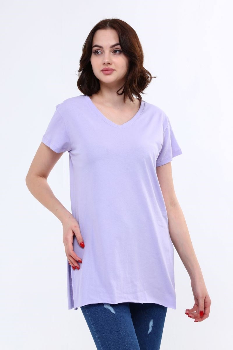 Kadın V Yaka Yırtmaçlı T-Shirt Lila
