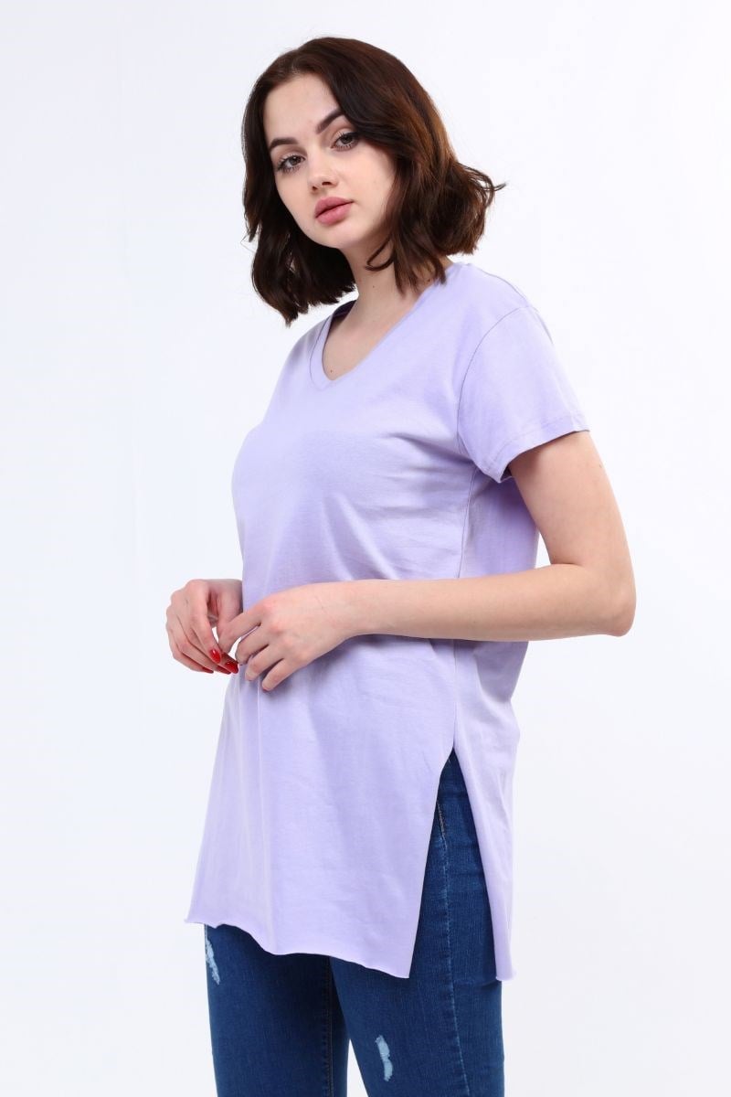 Kadın V Yaka Yırtmaçlı T-Shirt Lila