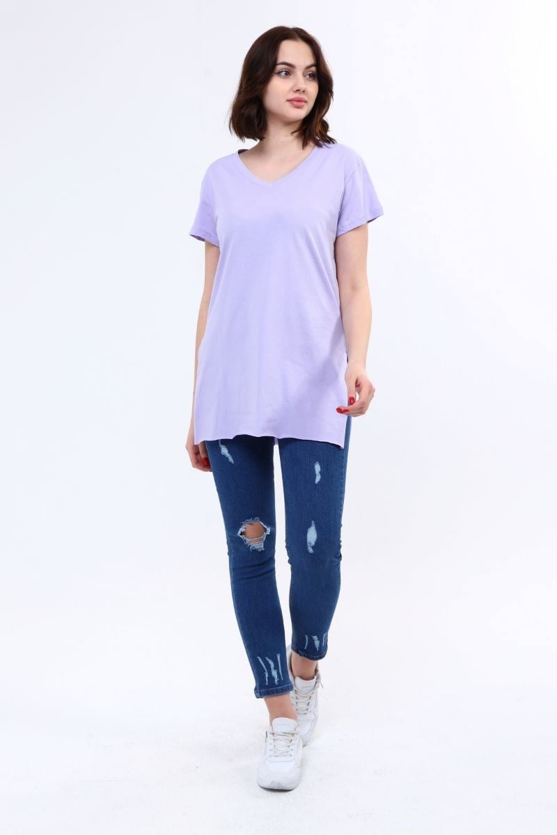 Kadın V Yaka Yırtmaçlı T-Shirt Lila